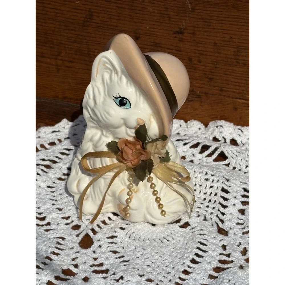 Vintage Ceramic White Cat Kitten Bank With Stopper Cottagecore Hat Bow 5